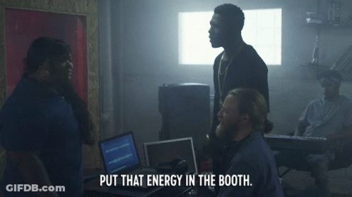A Group Of People In A Room With The Words Put That Energy In The Booth On The Bottom GIF