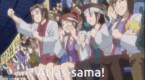 A Group Of People In A Stadium With The Words Atlas-Sama GIF