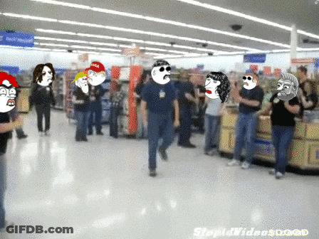 A Group Of People In A Store With One Wearing A Red Hat That Says Usa GIF