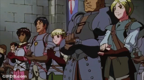 A Group Of People In Armor Are Standing In Front Of A Wall GIF