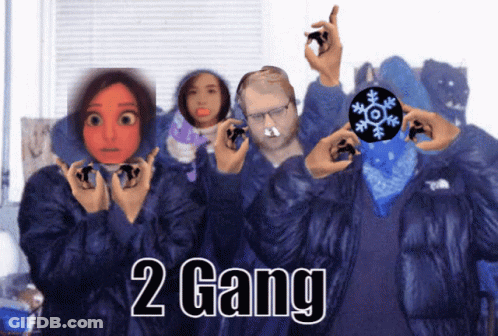 A Group Of People In Blue Jackets Are Holding A Snowflake And The Words 2 Gang GIF