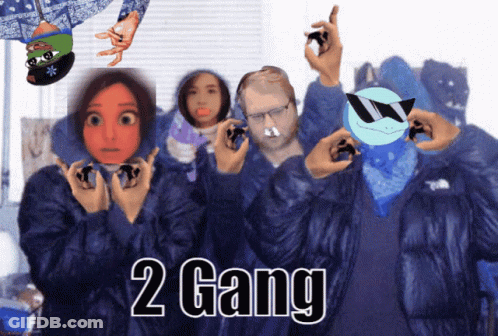 A Group Of People In Blue Jackets With The Words 2 Gang GIF