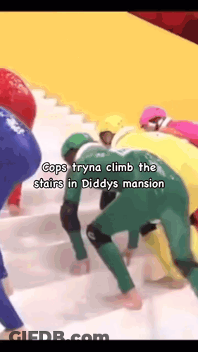 A Group Of People In Costumes Are Trying To Climb The Stairs In Diddy 'S Mansion GIF