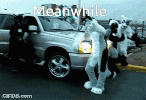 A Group Of People In Furry Costumes Are Standing In Front Of A Silver Suv With The Words Meanwhile Written On The Bottom GIF