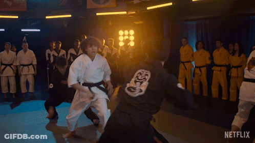 A Group Of People In Karate Uniforms Are Practicing In A Dark Room With Netflix Written On The Bottom Of The Screen GIF