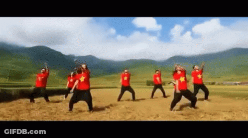 A Group Of People In Red Shirts Are Dancing In A Field With Mountains In The Background . GIF