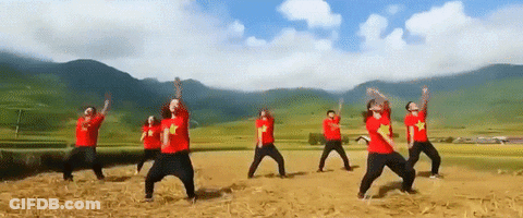 A Group Of People In Red Shirts With Yellow Stars Are Dancing In A Field . GIF