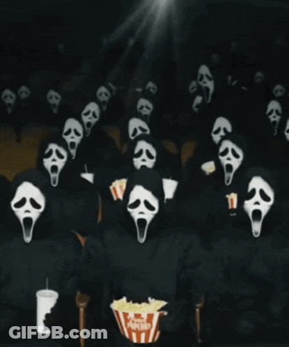 A Group Of People In Scream Masks Watching A Movie GIF