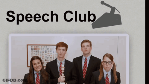 A Group Of People In Suits And Ties Are Standing In Front Of A Podium With The Words Speech Club Below Them GIF