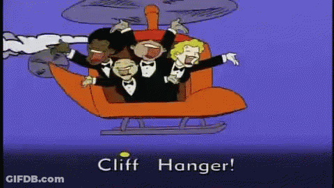A Group Of People In Tuxedos Are Riding In A Cliff Hanger Helicopter GIF