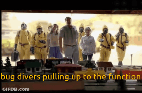 A Group Of People In Yellow Suits Are Pulling Up To A Function GIF