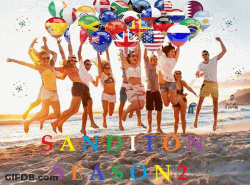 A Group Of People Jumping In The Air On A Beach With Sanditon Season 2 Written In Red GIF