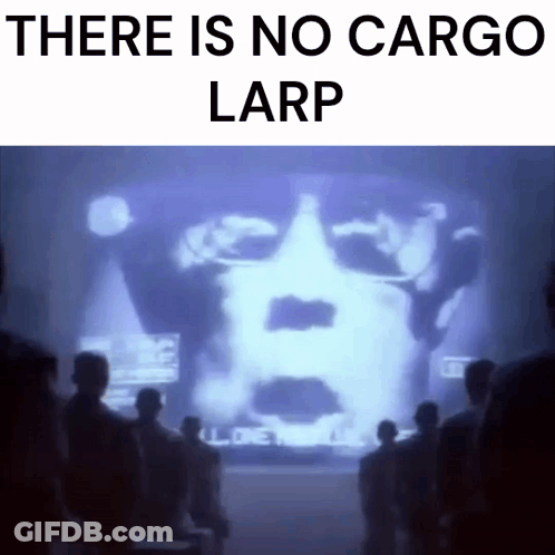 A Group Of People Looking At A Screen That Says There Is No Cargo Larp On It GIF
