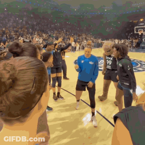 A Group Of People On A Basketball Court With A Mascot Wearing A Lynx 99 Jersey GIF