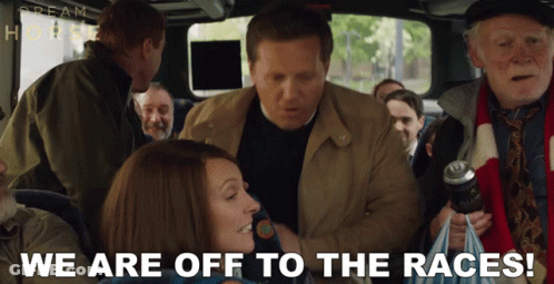 A Group Of People On A Bus With The Words " We Are Off To The Races " On The Bottom GIF