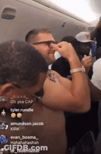A Group Of People On A Plane With One Saying " Oh Yea Cap " On The Bottom GIF