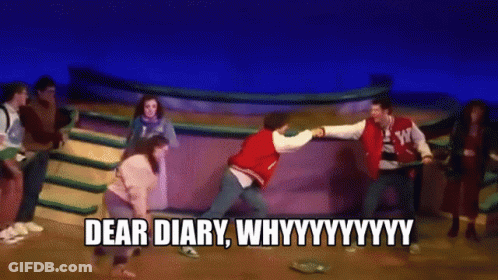 A Group Of People On A Stage With A Caption That Says Dear Diary Whyyy GIF