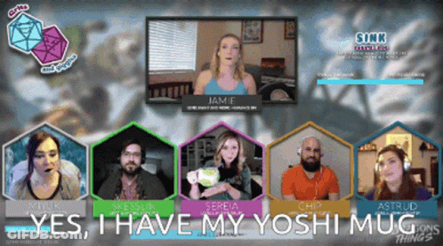 A Group Of People On A Video Call With The Words Yes I Have My Yoshi Mug GIF