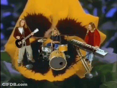 A Group Of People Playing Instruments In Front Of A Large Flower . GIF