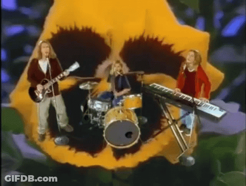A Group Of People Playing Instruments In Front Of A Large Flower . GIF