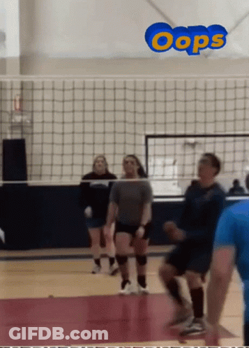 A Group Of People Playing Volleyball With The Word Oops In The Corner GIF