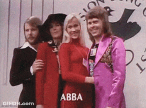 A Group Of People Posing For A Photo With The Word Abba On The Bottom Right GIF