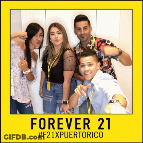A Group Of People Posing For A Picture With The Words Forever 21 #F21xpuertorico On The Bottom GIF
