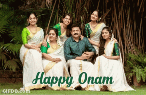 A Group Of People Posing For A Picture With The Words Happy Onam Below Them GIF