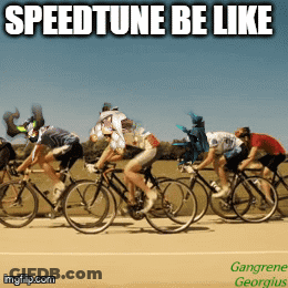 A Group Of People Riding Bicycles On A Dirt Road With The Words Speedtune Be Like GIF