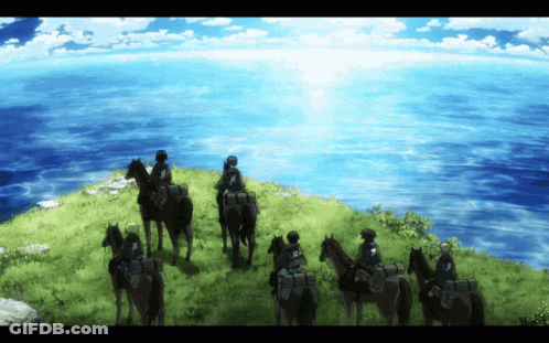 A Group Of People Riding Horses On Top Of A Grassy Hill Overlooking The Ocean GIF
