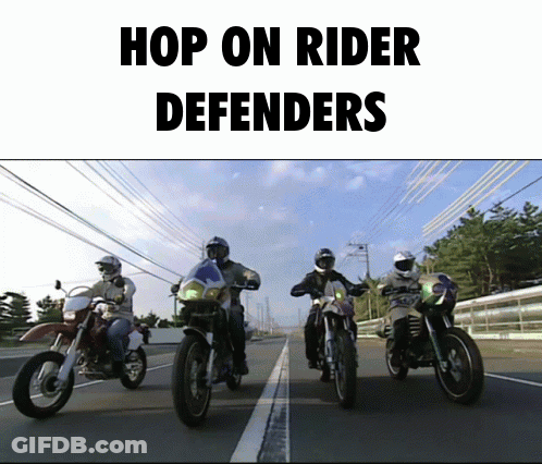 A Group Of People Riding Motorcycles On A Highway With The Words Hop On Rider Defenders Below Them GIF