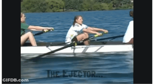 A Group Of People Rowing A Boat With The Words " The Ejector " On The Bottom Right GIF