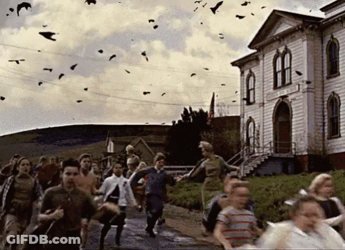 A Group Of People Running In Front Of A Building With Birds Flying In The Background GIF