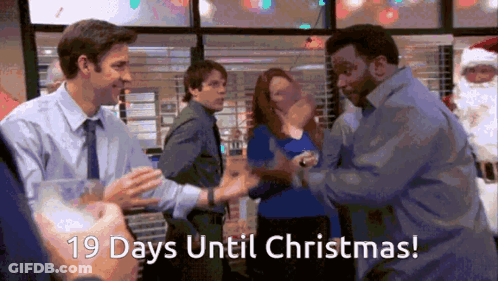 A Group Of People Shaking Hands With The Words 19 Days Until Christmas Written Below Them GIF