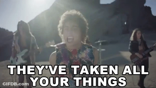 A Group Of People Singing And Playing Guitars With The Words " They 'Ve Taken All Your Things " GIF