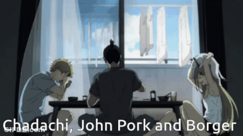 A Group Of People Sitting Around A Table With The Words Chadachi John Pork And Borger GIF
