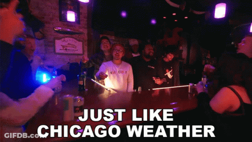 A Group Of People Sitting At A Bar With The Words Just Like Chicago Weather Above Them GIF