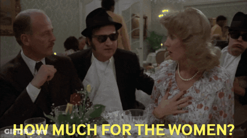 A Group Of People Sitting At A Table With The Words " How Much For The Women " On The Bottom GIF