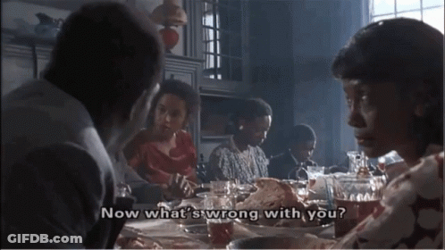 A Group Of People Sitting At A Table With The Words Now What 'S Wrong With You On The Bottom GIF