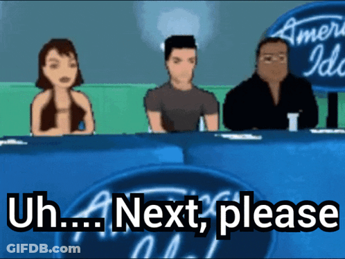 A Group Of People Sitting At A Table With The Words Uh Next Please GIF