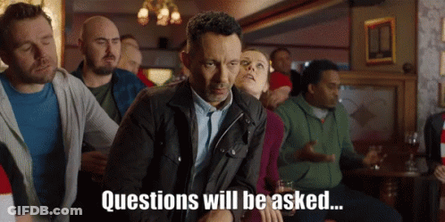 A Group Of People Sitting In A Bar With The Words Questions Will Be Asked On The Bottom GIF