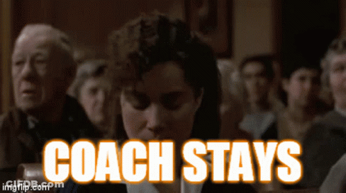 A Group Of People Sitting In A Church With The Words Coach Stays On The Screen GIF