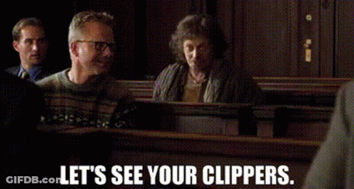 A Group Of People Sitting In A Courtroom With The Words Let 'S See Your Clippers Written On The Bottom GIF