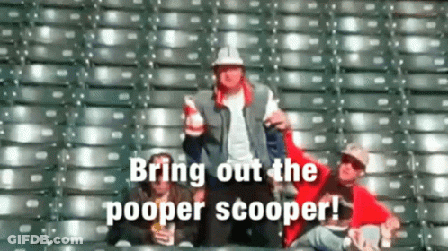 A Group Of People Sitting In A Stadium With The Words Bring Out The Pooper Scooper On The Bottom GIF