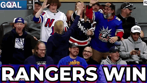 A Group Of People Sitting In A Stadium With The Words Rangers Win GIF