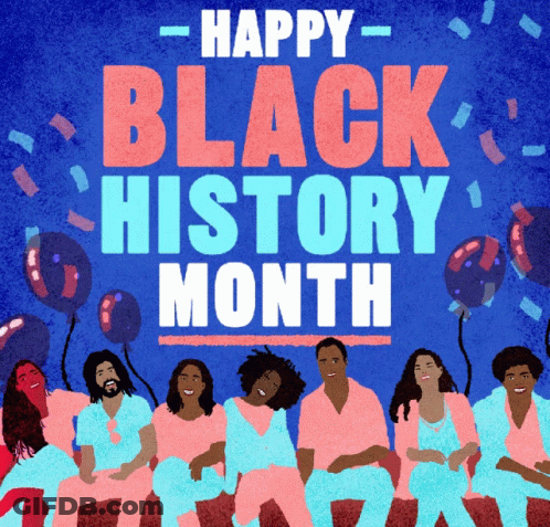 A Group Of People Sitting In Front Of A Blue Background That Says Happy Black History Month GIF