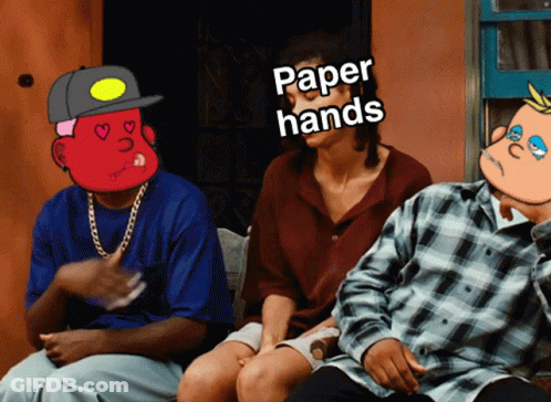 A Group Of People Sitting Next To Each Other With A Man Wearing A Hat That Says Paper Hands On It GIF