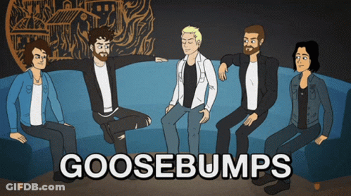 A Group Of People Sitting On A Couch With The Word Goosebumps On The Bottom Right GIF