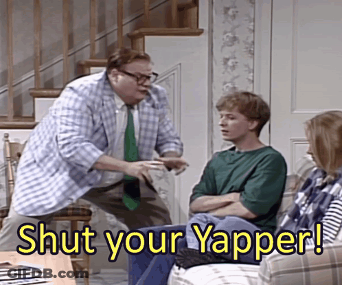 A Group Of People Sitting On A Couch With The Words Shut Your Yapper In The Corner GIF