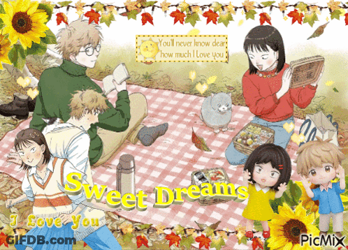A Group Of People Sitting On A Picnic Blanket With The Words Sweet Dreams Written On The Bottom GIF
